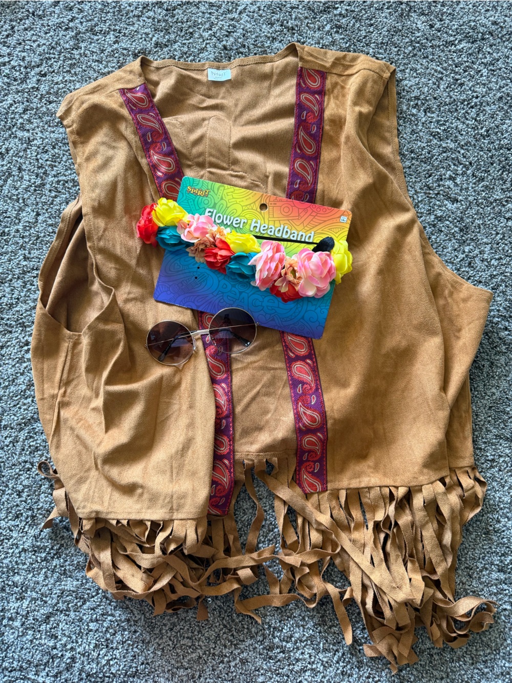 Spirit Vest Brown Fringe Peace Sign Floral Hippie Festival Costume Adult XXL